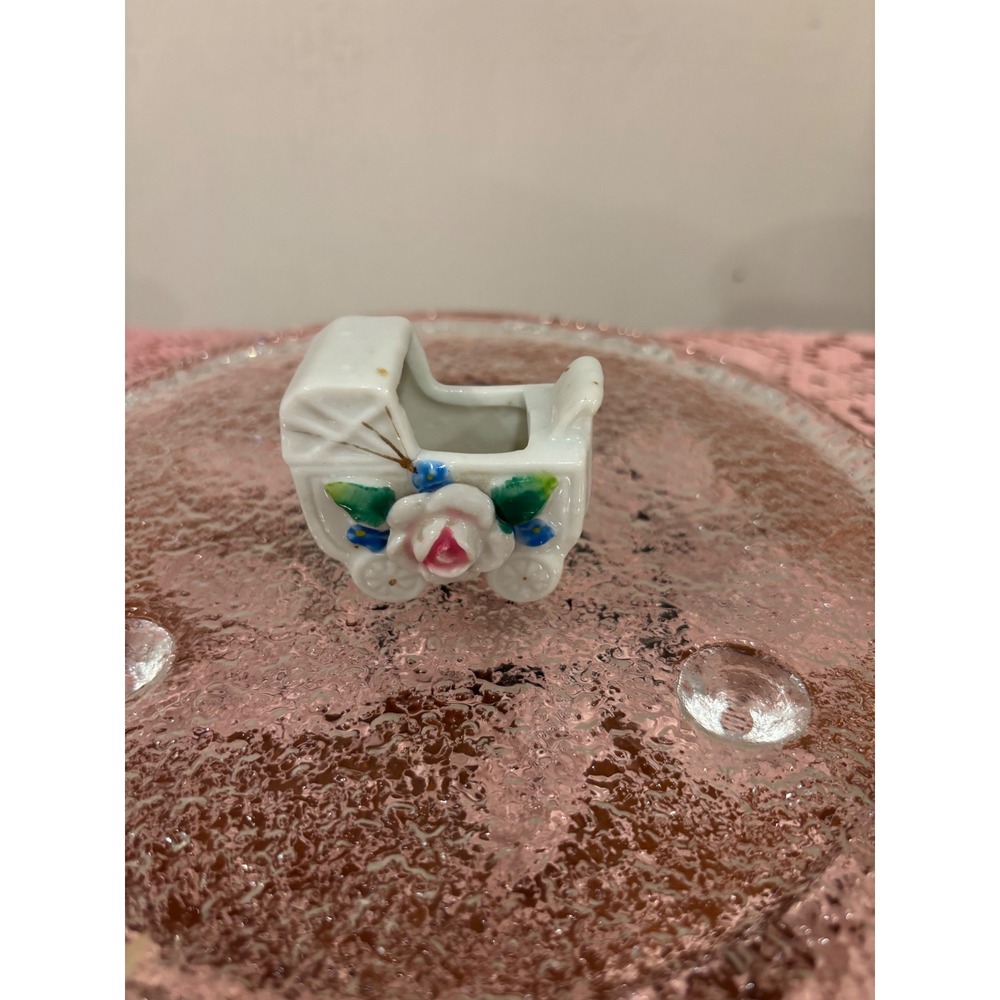 Vintage Made in Occupied Japan Porcelain Baby Carriage Figurine Pink Rose Mini